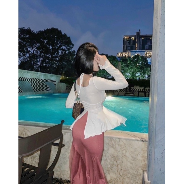 Áo thun đuôi cá rút dây body nữ rút eo kiểu tay loe dây chéo cổ chất thun gân