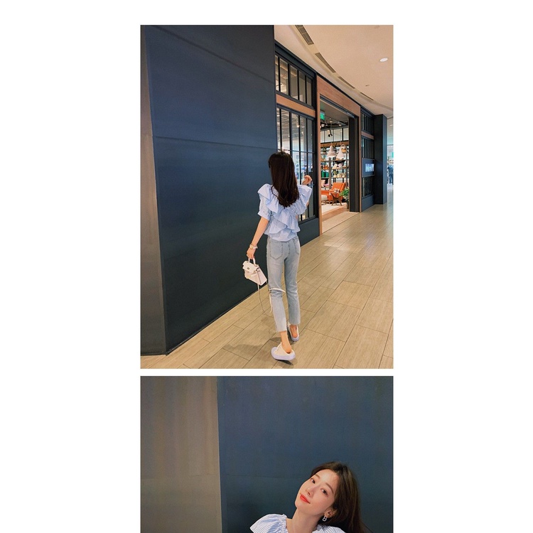 Áo Sơ Mi Tay Ngắn Cổ Chữ v Họa Tiết Kẻ Sọc Màu Xanh Dương Phong Cách Hàn Quốc Thời Trang Mùa Hè Mới 2023