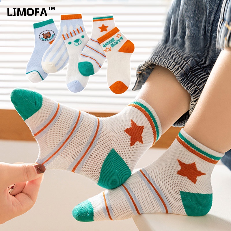 LJMOFA Set 5 Cặp Vớ Cotton Phối Lưới Thoáng Khí Thoải Mái Họa Tiết Hoạt Hình Dành Cho Bé Trai Gái 1-13 Tuổi