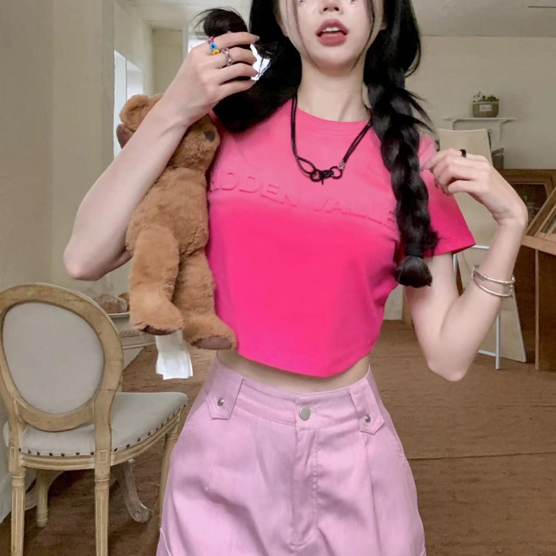 IELGY  Áo Thun Tay Ngắn Nhuộm Màu Loang In Chữ Phong Cách Mỹ Cổ Điển Thời Trang Cho Nữ