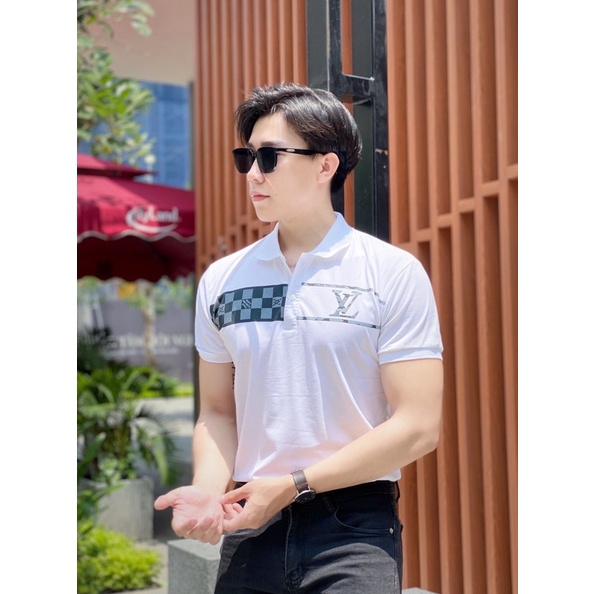 Áo thun polo nam ngắn tay vải cotton kháng khuẩn form ôm body in hoạ tiết DR mầu đen trắng | BigBuy360 - bigbuy360.vn