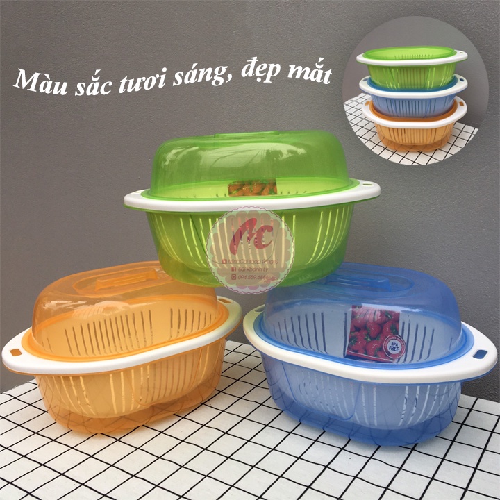 Bộ Thau Rổ Có Nắp đậy Rửa rau, đựng rau củ an toàn/chống côn trùng, bám bụi, dễ vệ sinh