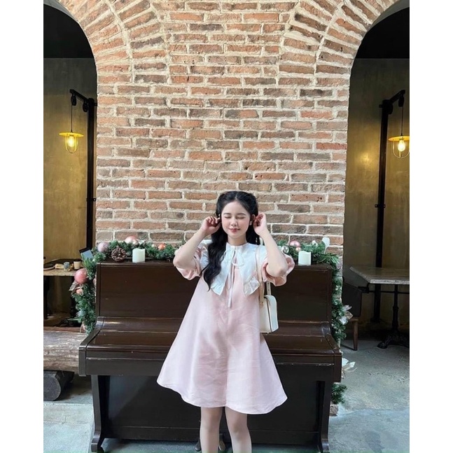 Đầm babydoll hồng cổ sen trắng