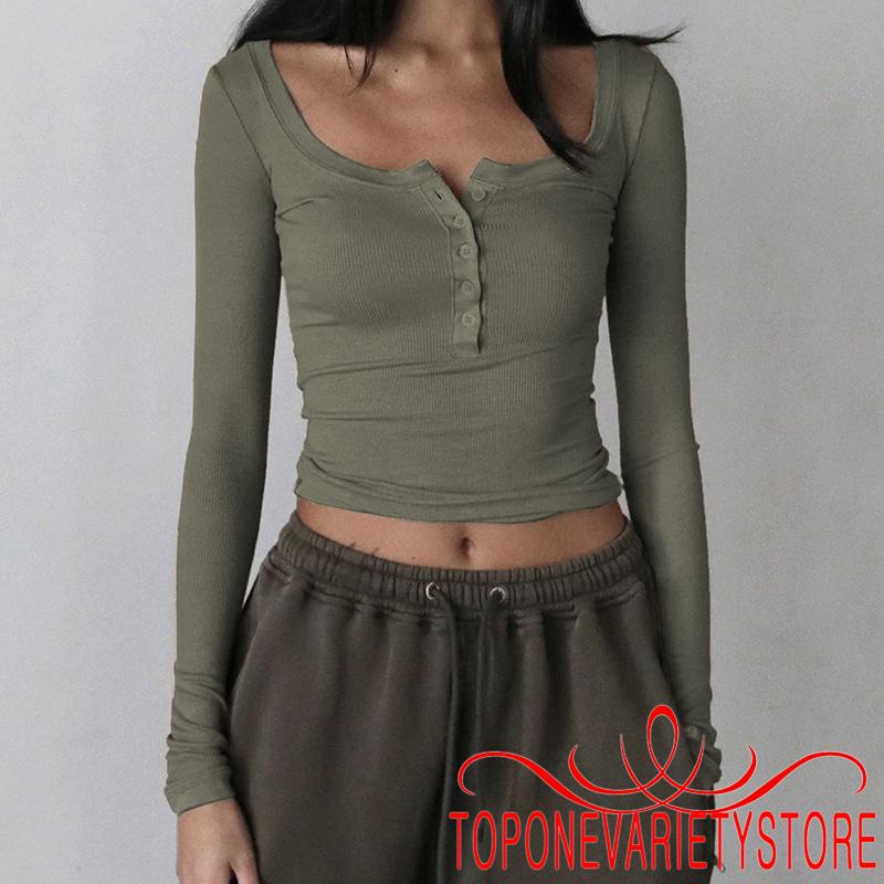 Áo Thun Lửng Tay Dài 1 / 2 Nút Thời Trang Nữ