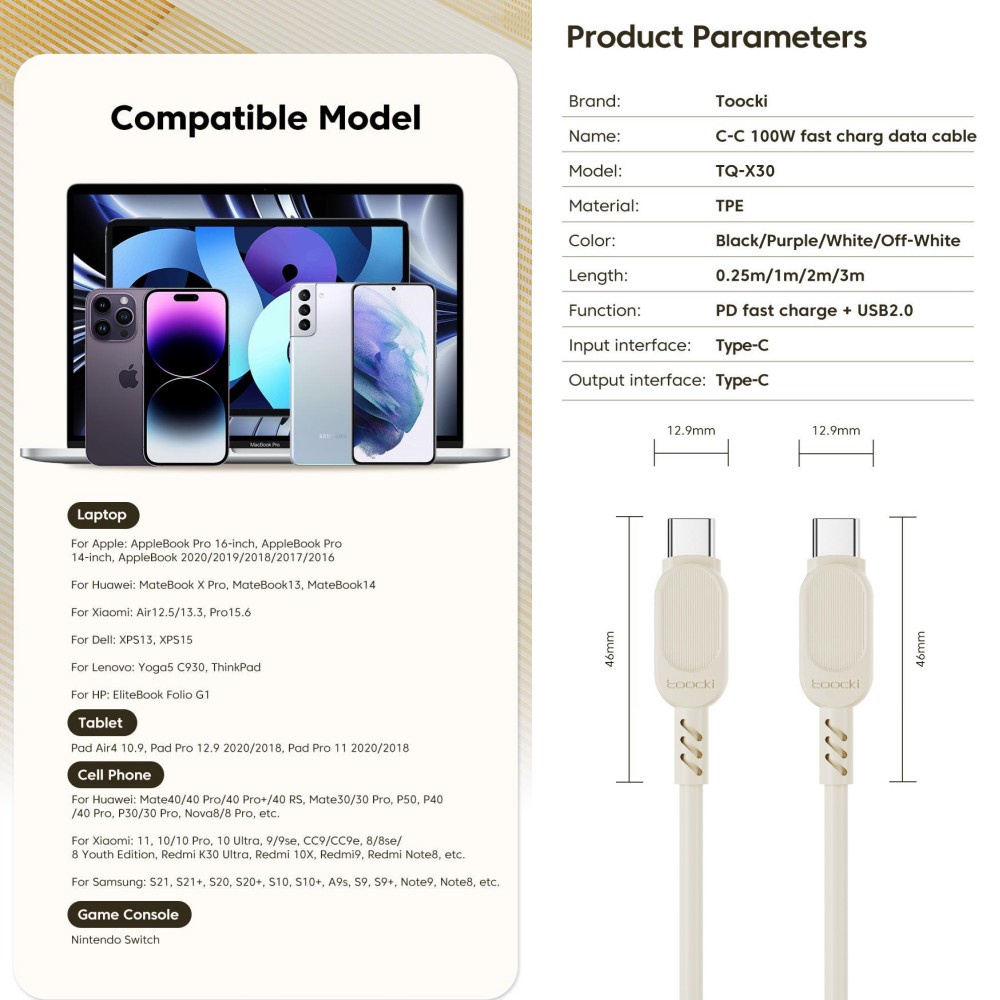 Dây Cáp Sạc Nhanh 100W USB C Sang USB C Cho Samsung Huawei P50 P40