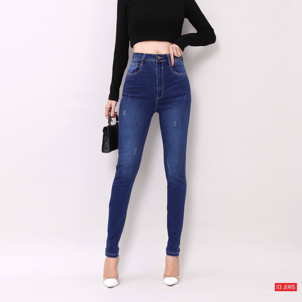 Quần jeans ôm dáng dài 100cm cạp cao xước Có Co Giãn Nữ đẹp