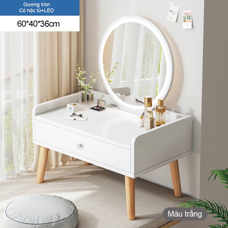 Bàn trang điểm bệt, bàn phấn tích hợp đèn LED có nút cảm ứng thông minh, hộc tủ chứa đồ phù hợp cho không gian hẹp