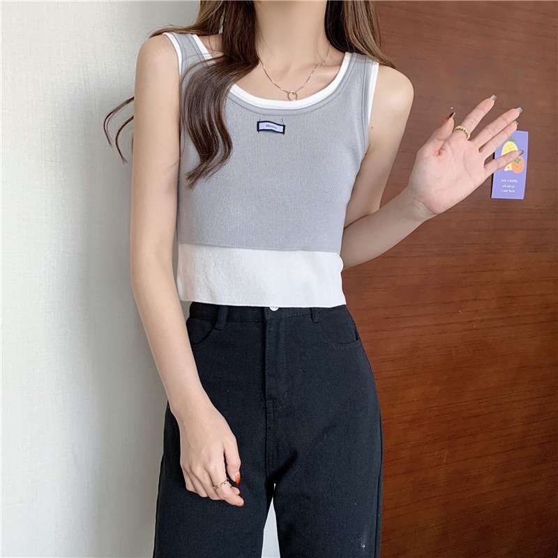 Áo Len Không Tay Giả Hai Lớp Màu Sắc Tương Phản Thời Trang Mùa Hè Phong Cách Hàn Quốc