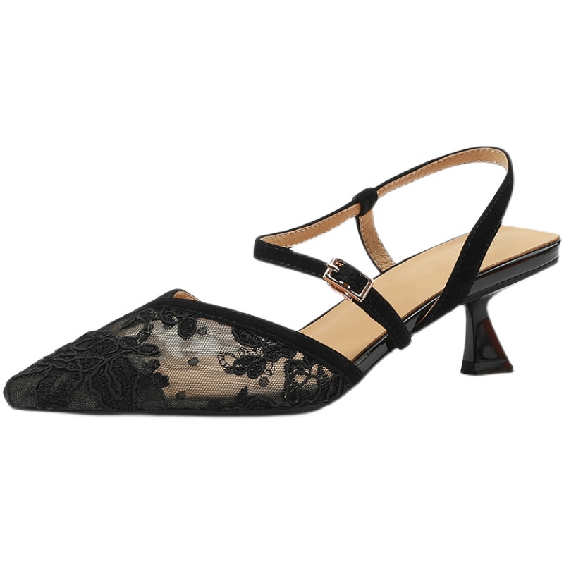 Giày Cao Gót Màu Đen Mũi Nhọn Phối Lưới Thoáng Khí Có Size 34-38 Dành Cho Nữ