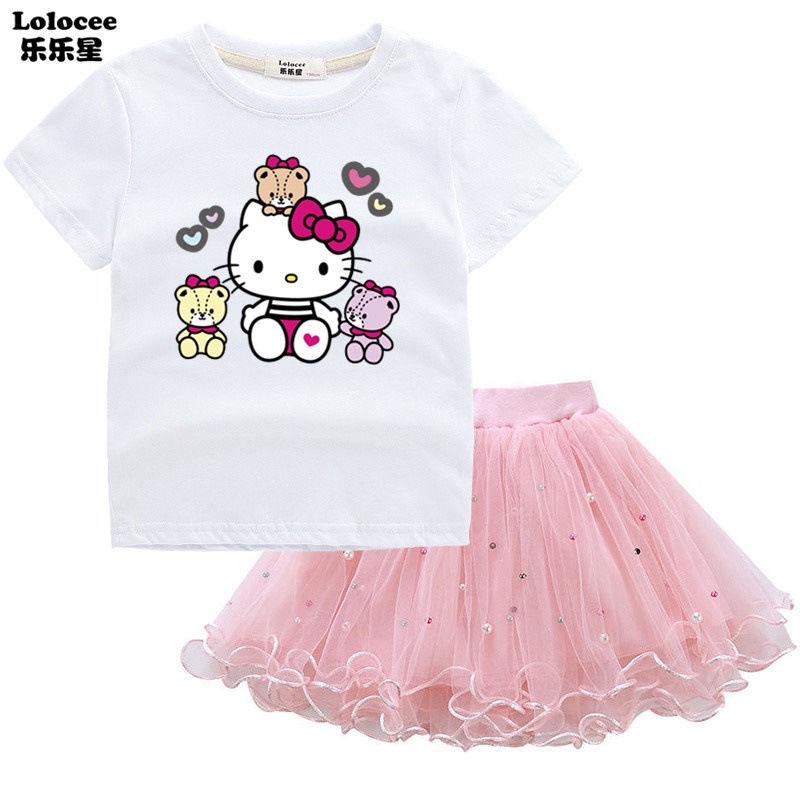 Set Áo Thun In Hình Hello Kitty Và Chân Váy Xòe Đáng Yêu Dành Cho Bé Gái