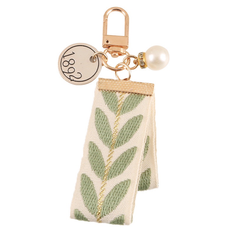 Móc Chìa Khóa Xe Hơi Bằng Hợp Kim Họa Tiết Kẻ Sọc Đính Ngọc Trai Và Ruy Băng Mới