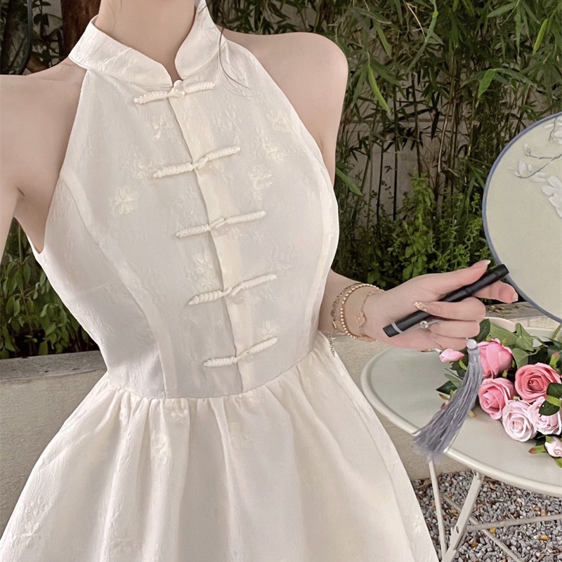 IELGY Đầm Trắng Không Tay Nhấn Eo Phong Cách retro Dành Cho Nữ