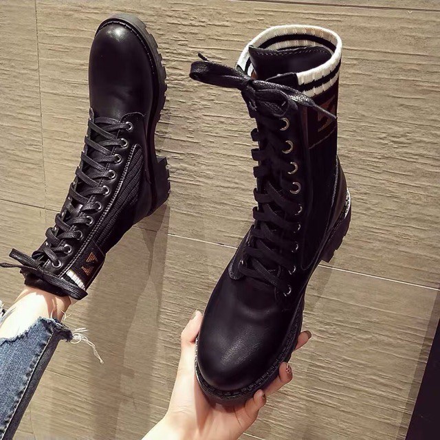 (Order) Boots chun cổ lửng viền màu buộc dây phối da lì/da bóng cao 4cm
