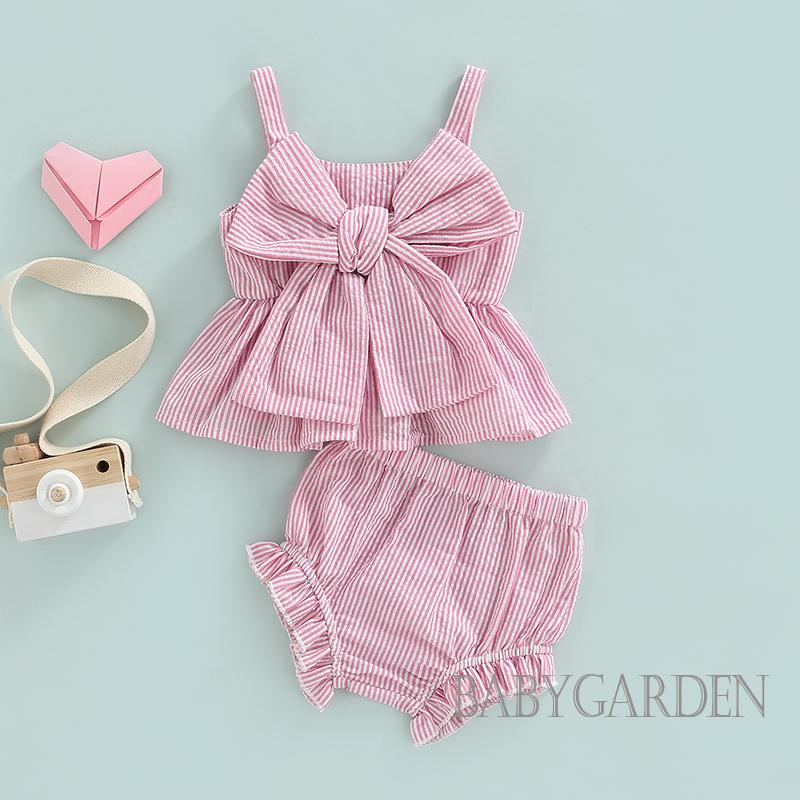 Bộ Áo Hai Dây Đính Nơ Kẻ Sọc + Quần Short Lưng Cao Thời Trang Xinh Xắn Cho Bé Gái 0-18 Tháng Tuổi