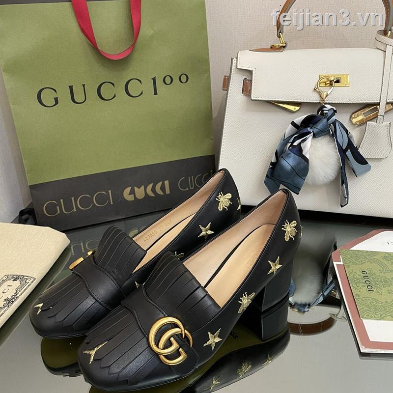 Hàng Mới Về Giày Gucci Gót Vừa Thêu Hình Ong Phối Tua Rua Thời Trang Mùa Xuân Cho Nữ Áo Thun Họa Tiết Ngôi Sao Thời Trang Cá Tính