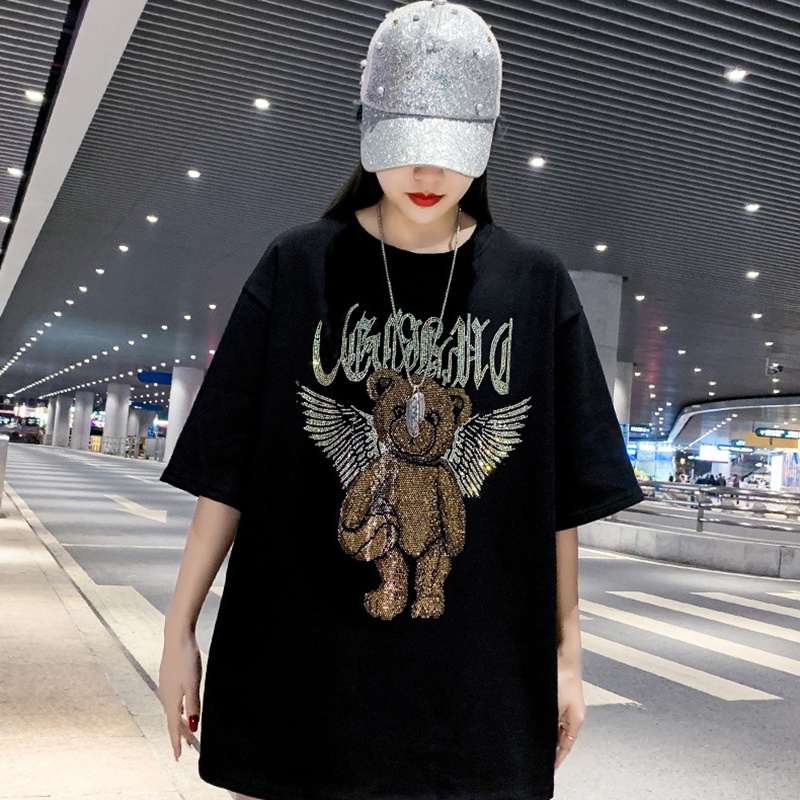 IELGYÁo Thun Ngắn Tay Dáng Rộng Họa Tiết Gấu plus size Cho Nữ