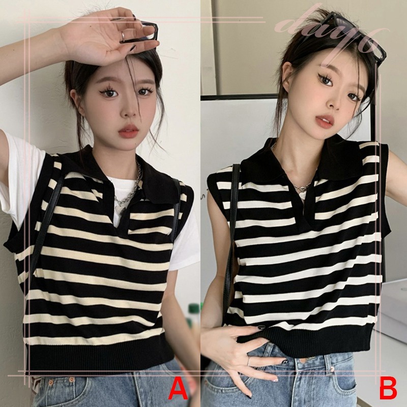 1 Áo Croptop Dệt Kim Sát Nách Họa Tiết Kẻ Sọc Thời Trang Hàn Quốc Cho Nữ