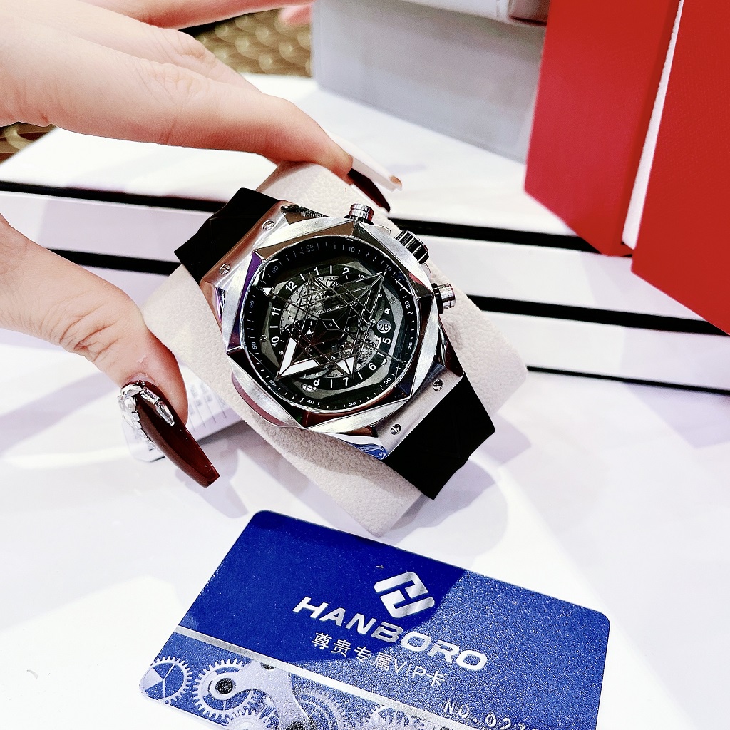 Đồng Hồ Nam Hanboro 998 Tự Động Dây Cao Su Silver 42mm