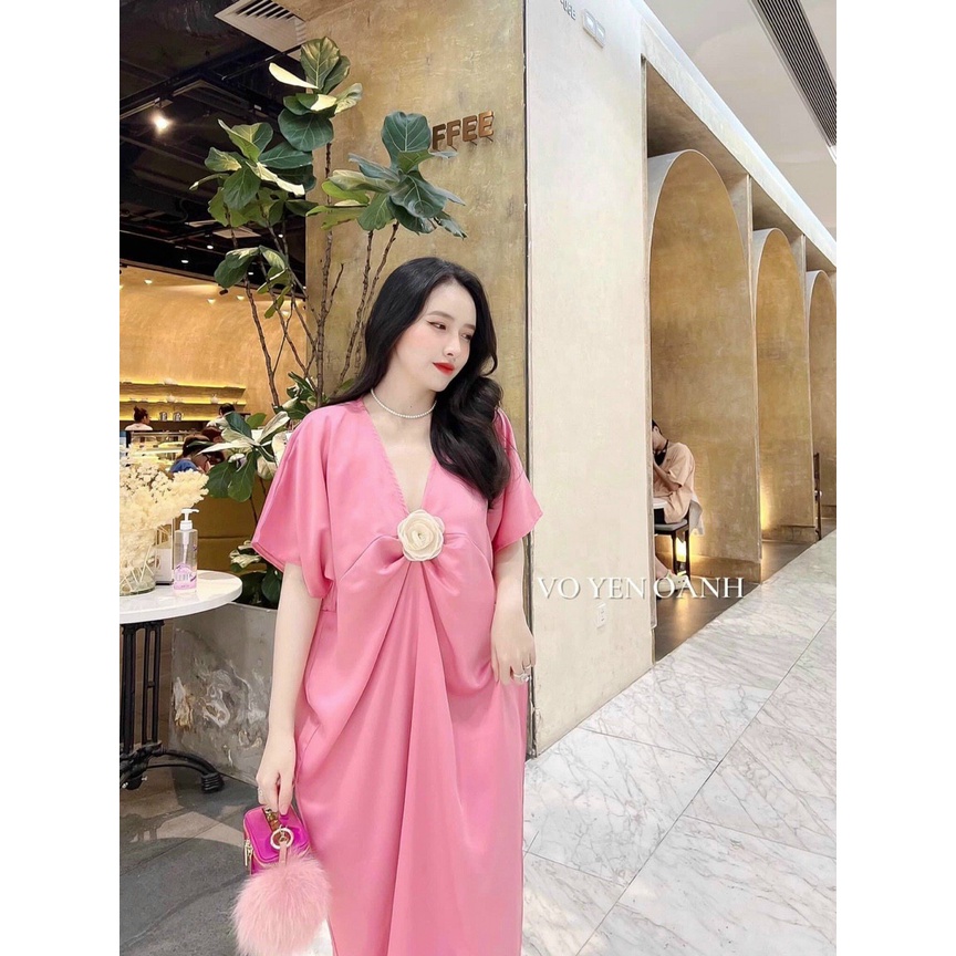 [3.3 Sales Freeship] Đầm suông cổ v tay dơi dáng dài đính hoa, đầm trơn basic nhún eo đính bông đi biển nhẹ nhàng mtb