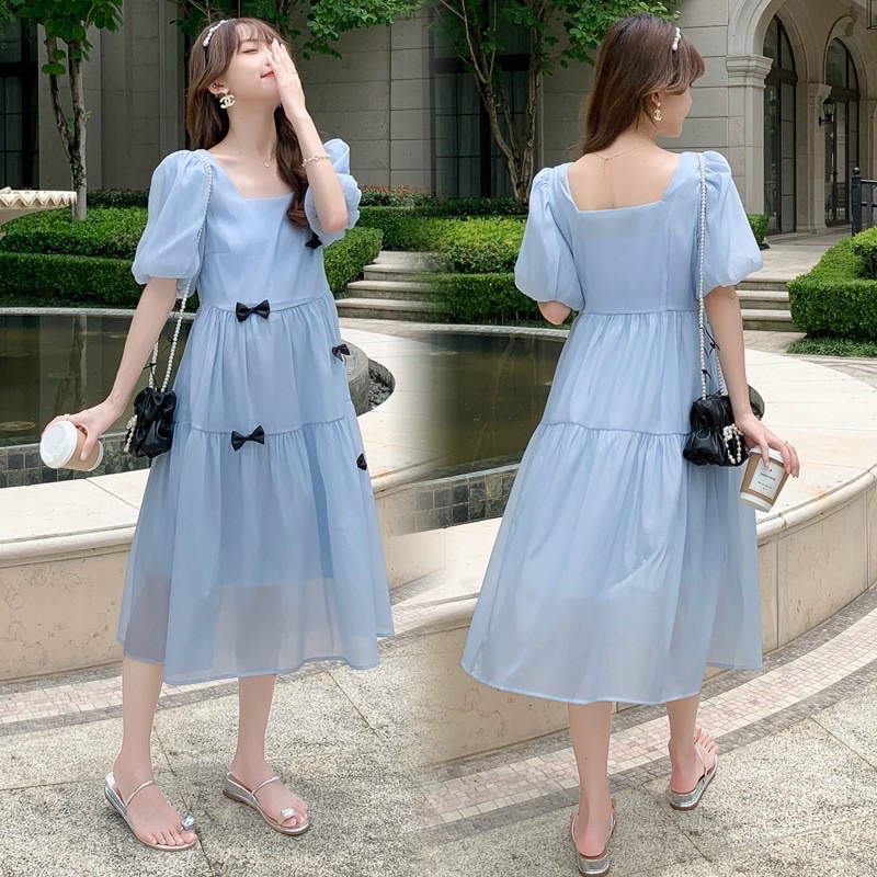 Đầm Bầu Hai Lớp Đính Nơ Dễ Thương Mã HH17