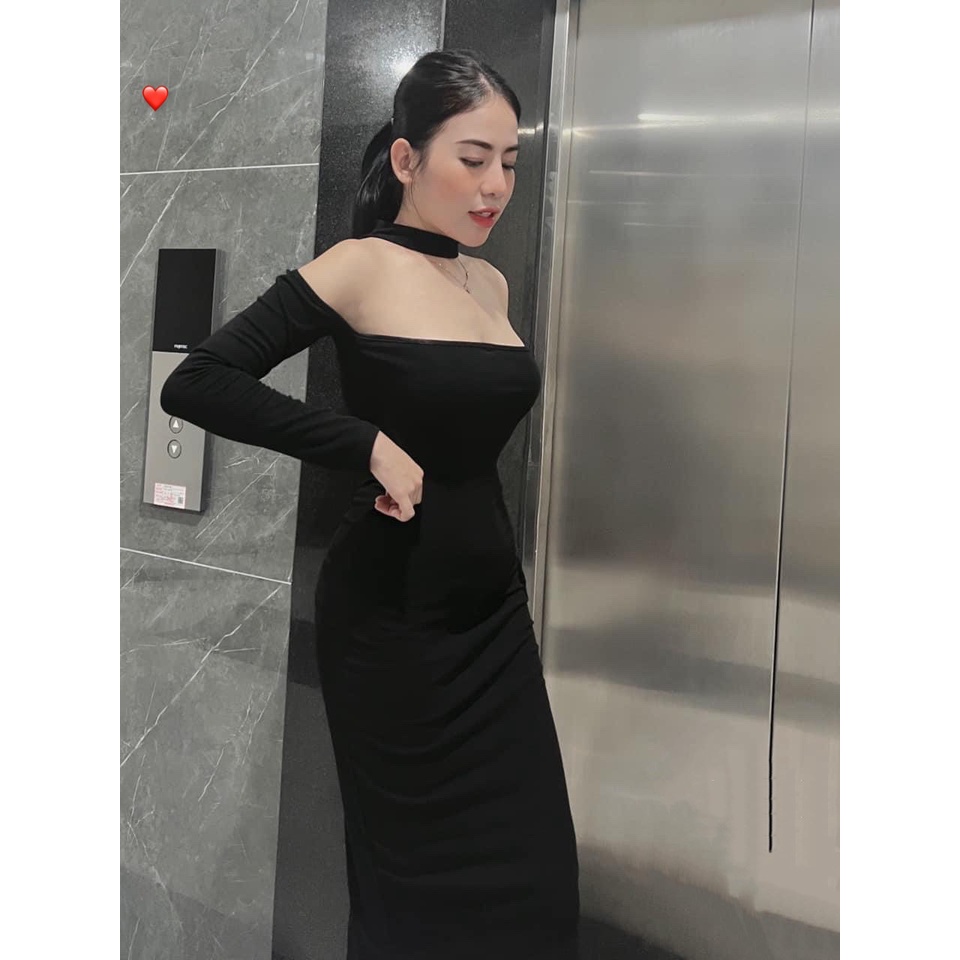 Đầm hở vai tay dài kiểu yếm đeo ngược từ sau ôm body dáng dài trơn cực xinh , chất thun gân mềm mịn
