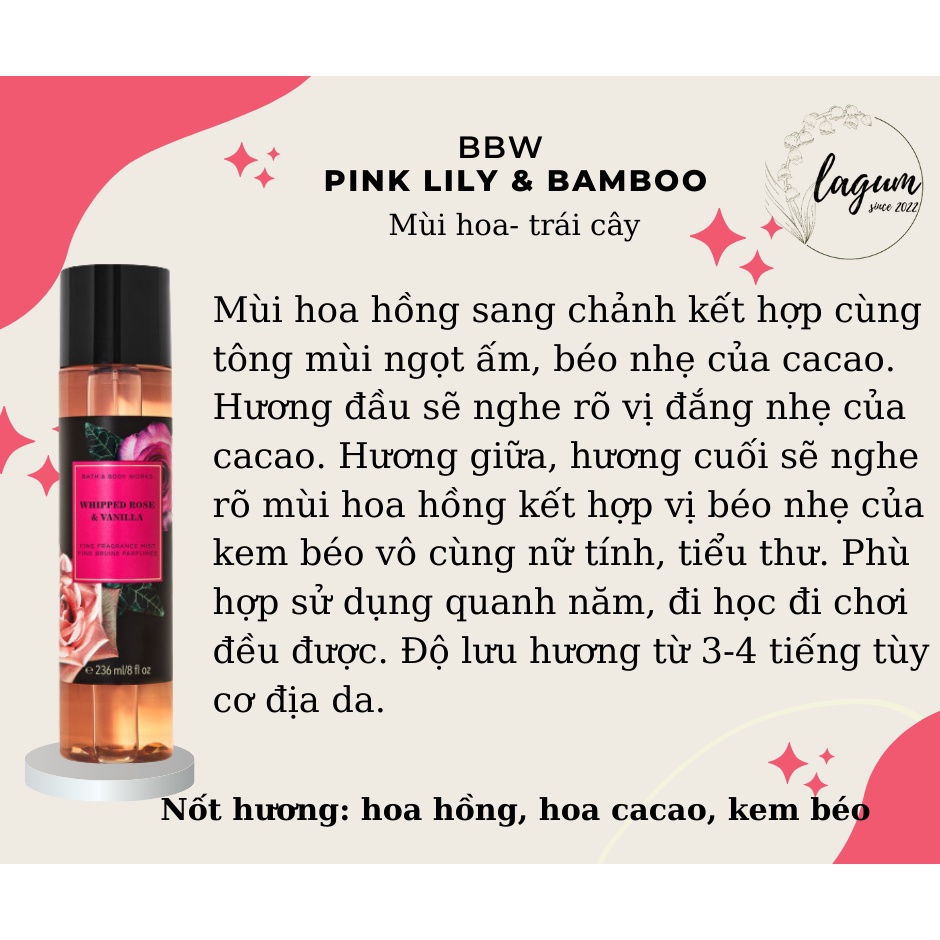 Xịt thơm bodymist cơ thể BathandBodyworks 03 mùi mới