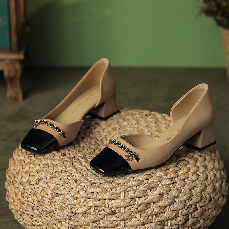 BEIJIANI Giày Cao Gót 4.5cm Mũi Vuông Miệng Nông Đính Dây Xích Màu Sắc Xinh Xắn Cho Nữ