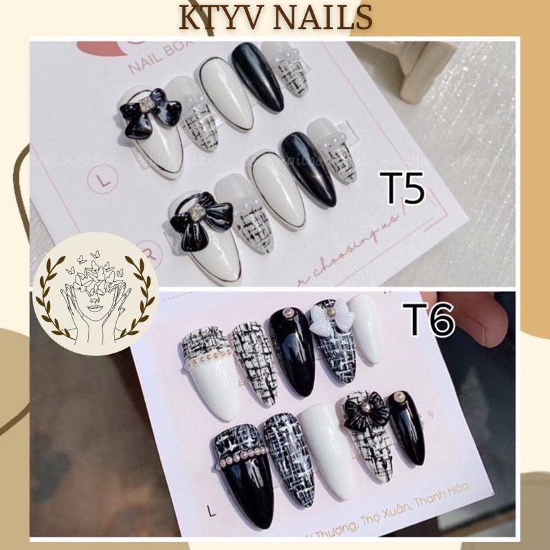 NAILBOX_móng úp thiết kế -ĐEN TRẮNG NƠ 2 mẫu