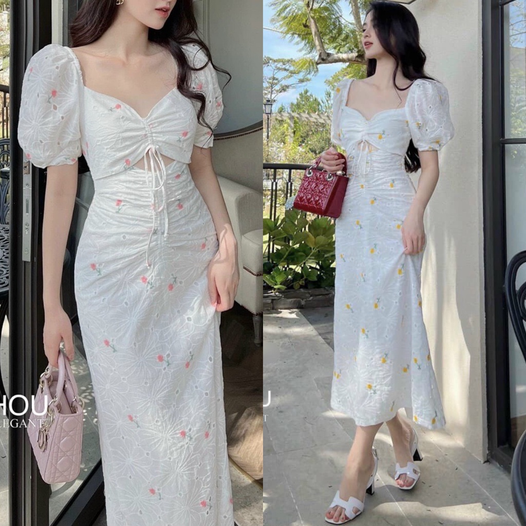 ĐẦM MIDI HOA RÚT NGỰC KHOÉT EO