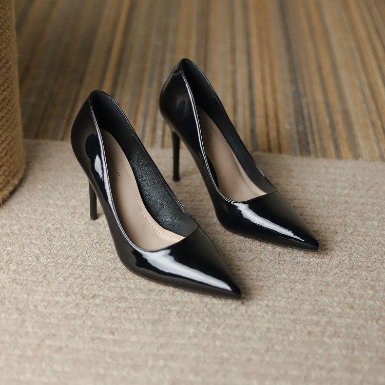 Giày Cao Gót Da Mũi Nhọn Màu Đỏ Rượu Vang Phong Cách Pháp Cho Nữ