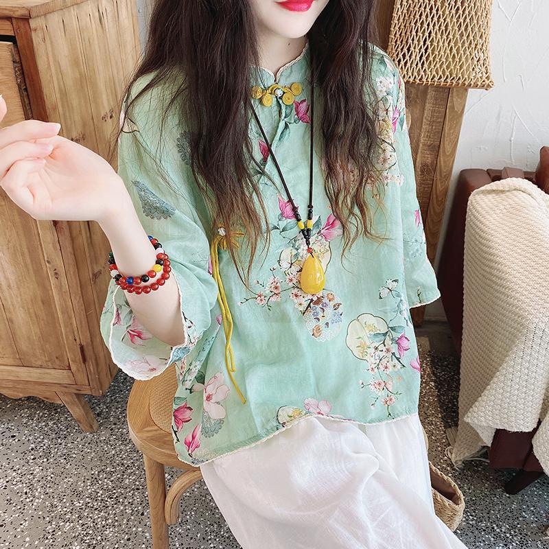 Áo Sơ Mi Vải Lanh cotton Tay Lửng Cột Dây Chéo In Họa Tiết Hoa Thời Trang Mùa Hè Hàng Mới 2023