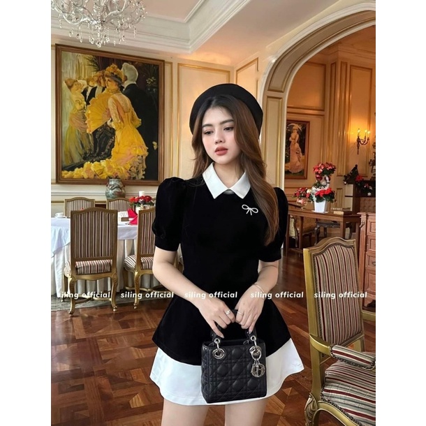 Set áo cổ pha tag nơ đá mix chân váy