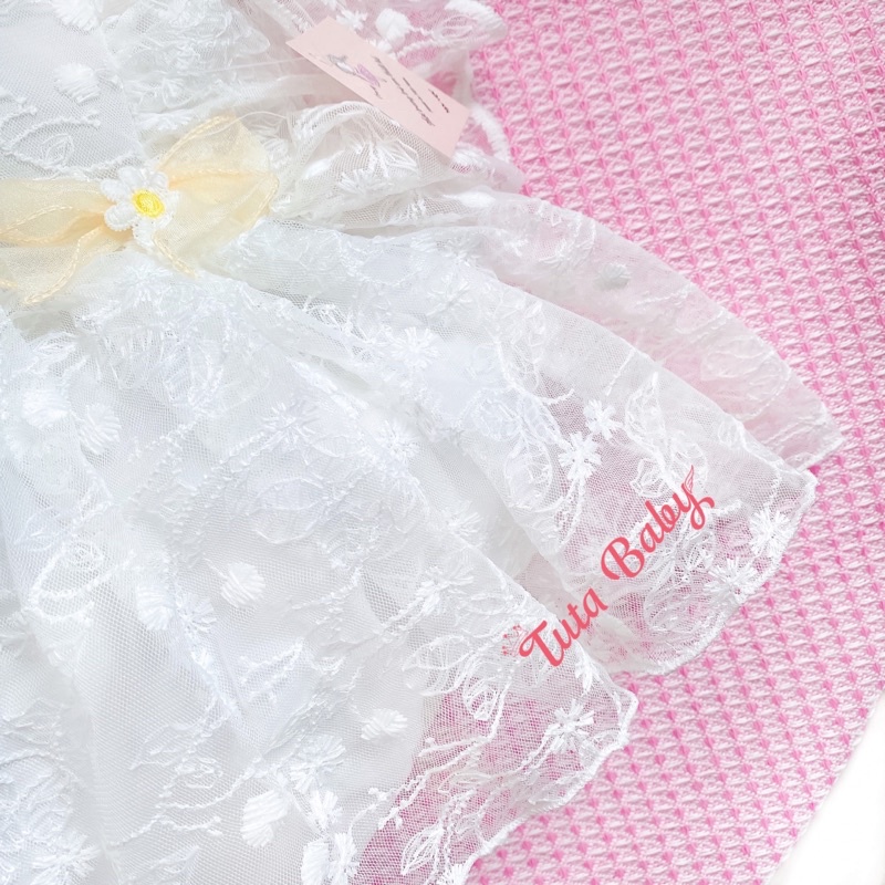 Bodysuit Cho Bé Gái Chất Ren Sam Trắng Mềm, Body Thiết Kế Nơ Eo Siêu Xinh