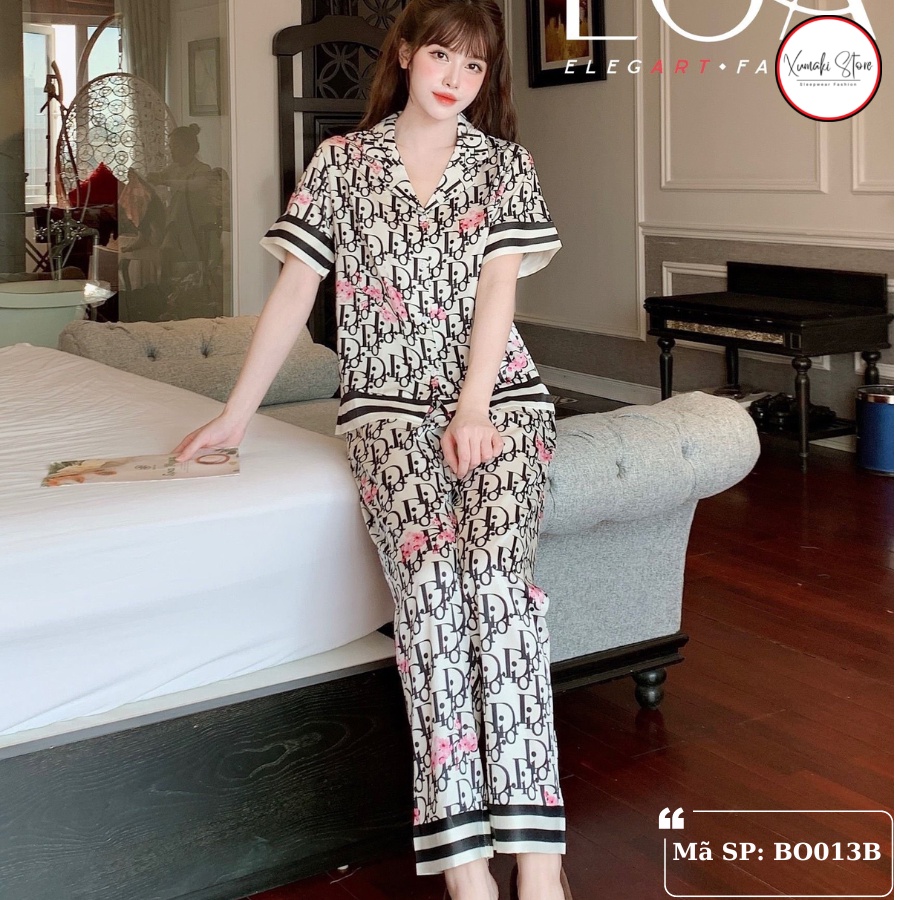 Bộ pijama nữ áo cộc quần dài họa tiết hoa màu xanh chất lụa cao cấp Xumaki Store BO013B