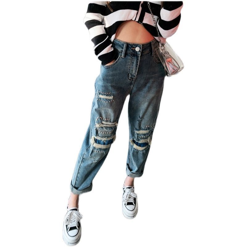Quần Jean Rách Đính Hạt Giả Nhỏ Phong Cách Mới 2023 Dễ Phối Đồ Cho Nữ