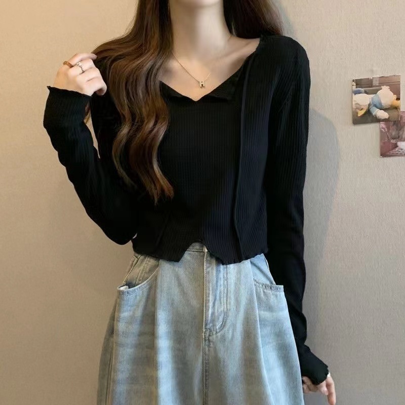 Áo kiểu RENJIANVSHENG dáng ngắn tay dài cổ chữ V màu trơn thời trang đơn giản dành cho nữ