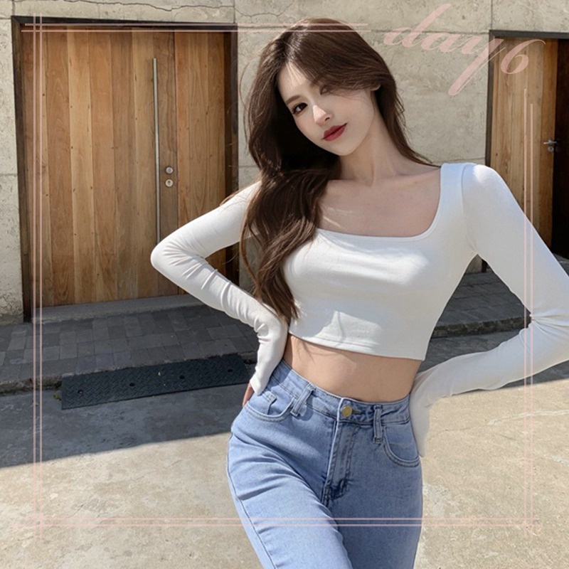 Áo Thun Nữ Dài Tay Cổ Vuông Hở Lưng Màu Sắc Thời Trang