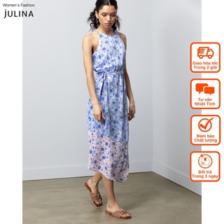 Đầm maxi cột dây voan hoa sát nách màu xanh - jf114