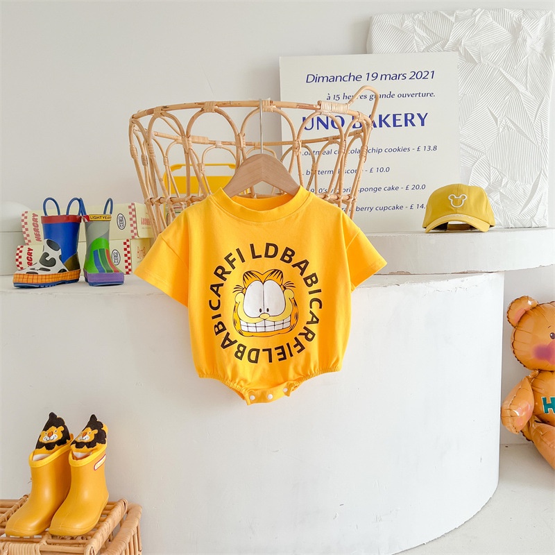 Bộ Áo Liền Quần Ngắn Tay Vải Cotton Mềm Thoáng Khí In Hoạt Hình Mèo Garfield Dễ Thương Cho Bé