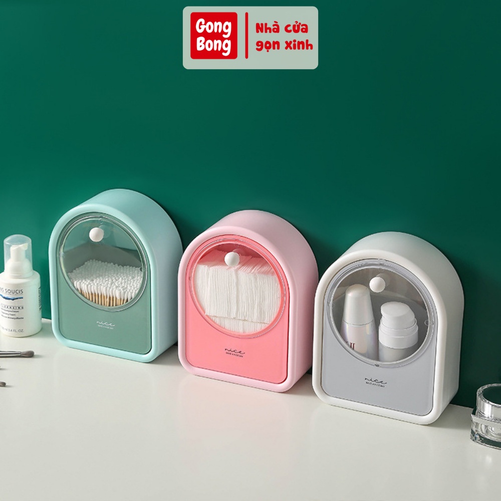 Hộp đựng bông tăm bông tẩy trang chất liệu HIPS có nắp đậy treo tường siêu chắc chắn không cần khoan đục tiện lợi