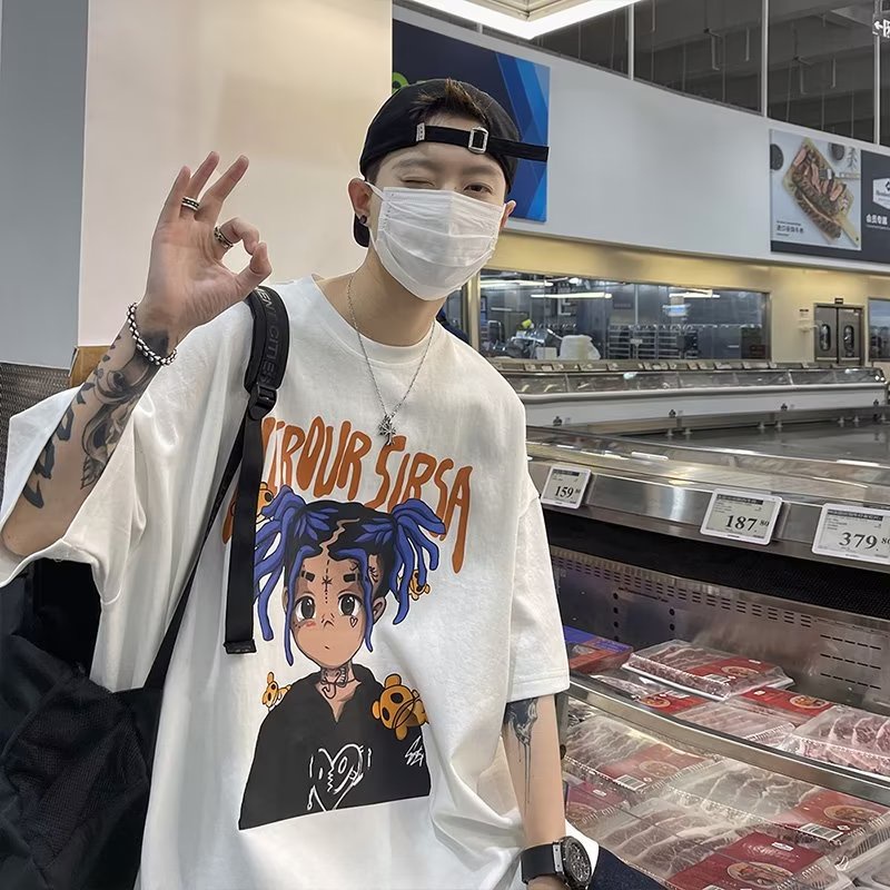 Áo Thun Tay Ngắn Cổ Tròn Dáng Rộng In Họa Tiết Hoạt Hình Phong Cách Hip hop Thời Trang Mùa Hè Cho Nam Và Nữ S-5XL