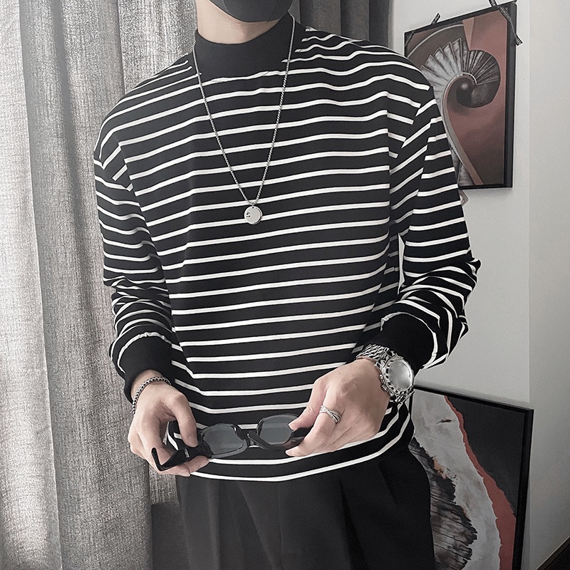 INCERUN Áo Thun Nam Dài Tay Cổ Cao Sọc Ngang Thời Trang
