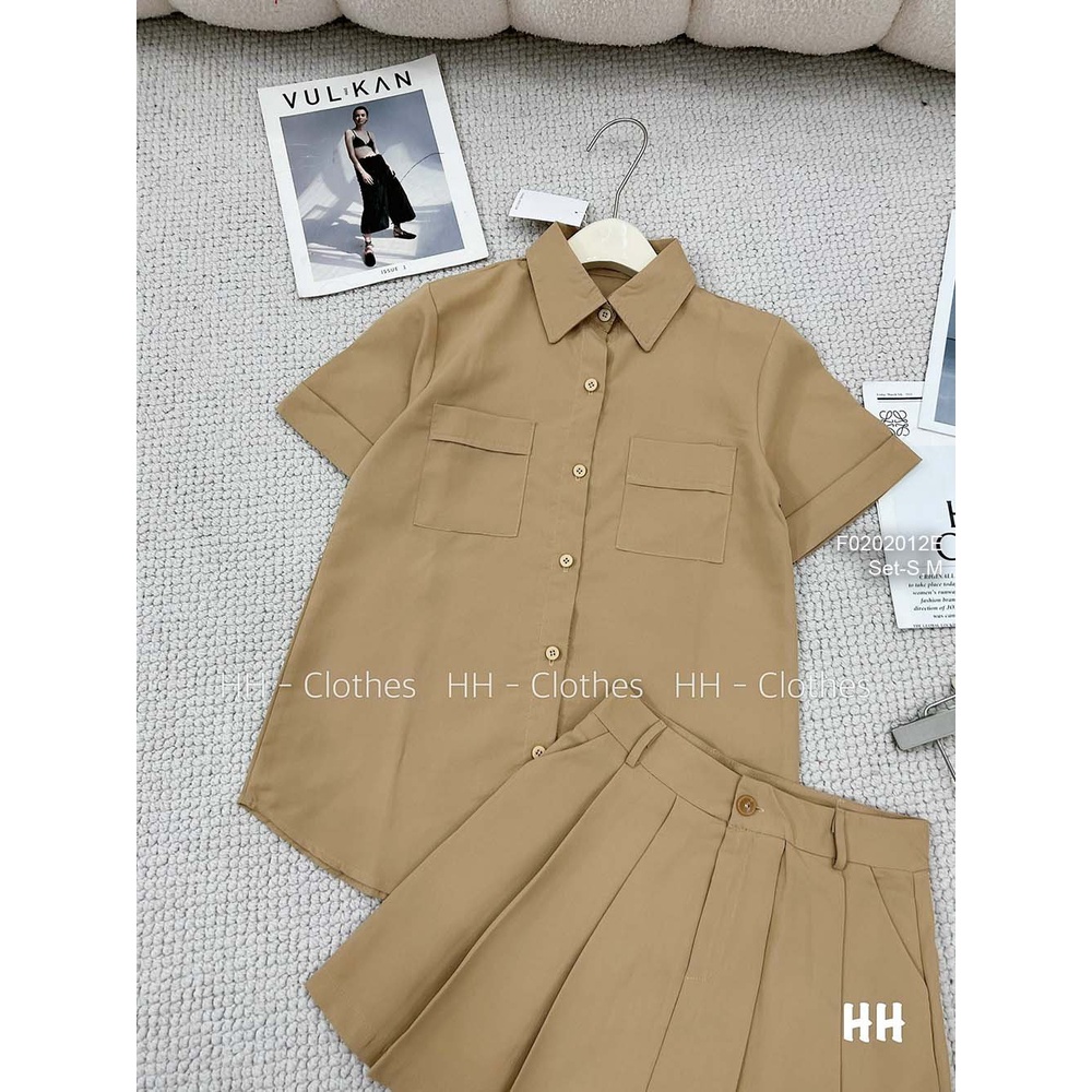 Set 2 món thô áo sơ mi nút có túi tay con phối chân váy ngắn xếp ly hàng QC!