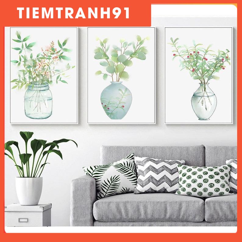 Tranh treo tường | Tranh cây lá nhiệt đới, bộ 3 tranh cây màu nước theo trường phái tối giản, tranh trang trí Bắc Âu