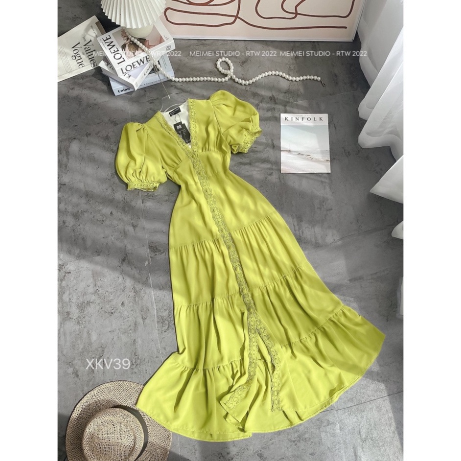 Đầm Maxi phối ren Lala - Cổ V tay phồng - Phù hợp khi đi biển, đi tiệc | XKV39 | SusieChow