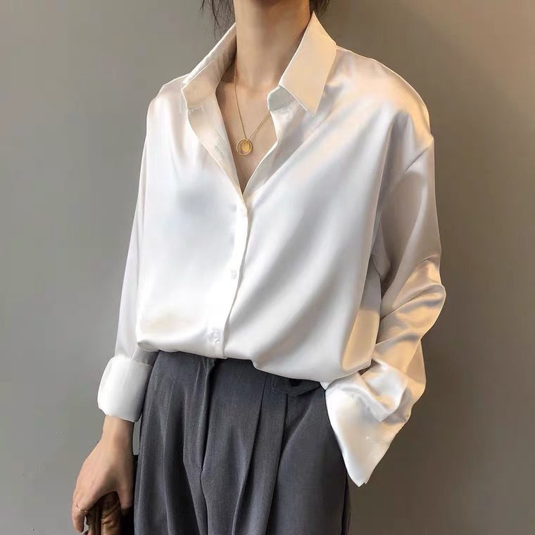 Áo Sơ Mi Satin Dài Tay Phong Cách Retro Thời Trang Cho Nữ