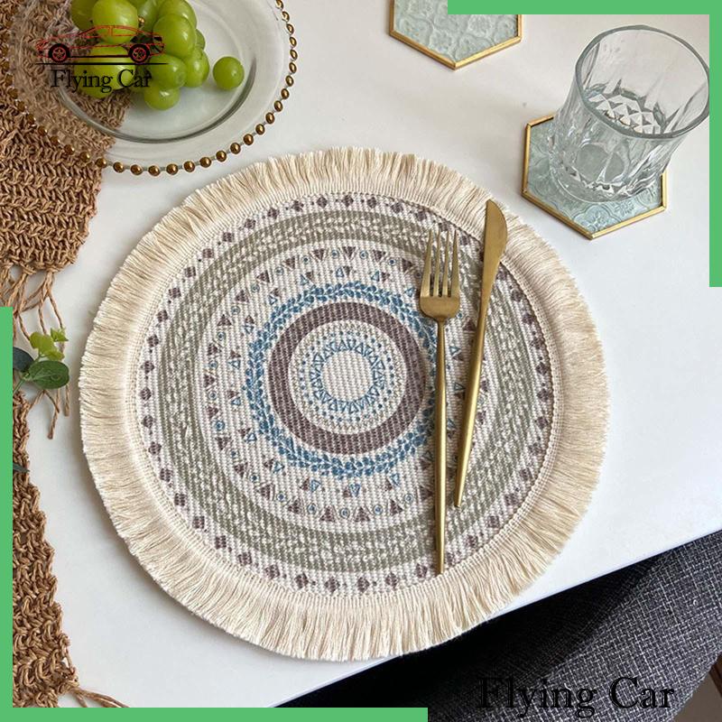 [Lzdjfmy2] Tấm Lót Tròn Đan Tay 33cm Phối Tua Rua Phong Cách Boho Trang Trí Bàn Nhà Bếp