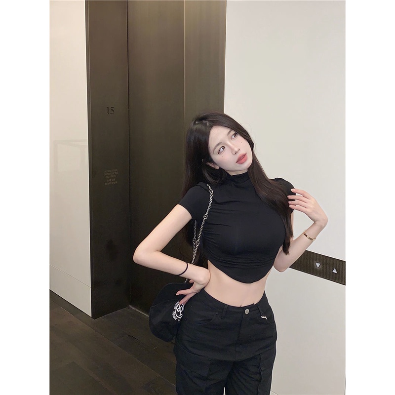 COZOK Áo Thun Tay Ngắn Cổ Cao Màu Sắc Đơn Giản Dành Cho Nữ