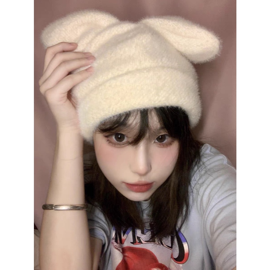 Mũ Len Dệt Kim Phối Tai Thỏ Phong Cách Thời Trang Thu Đông Hàn Quốc JP5