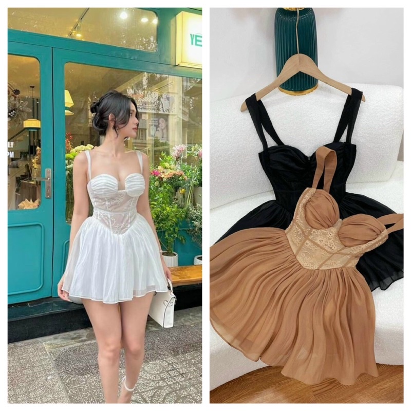 ĐẦM CÚP NGỰC QCFORM XOÈ DÂY BẢNG TO PHỐI REN EO XINH♥️ BO CHUN SAU LƯNG.
